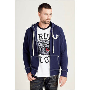 True Religion Men's Flocked Classic Buddha Logo Full Zip Up Hoodie Sweatshirt